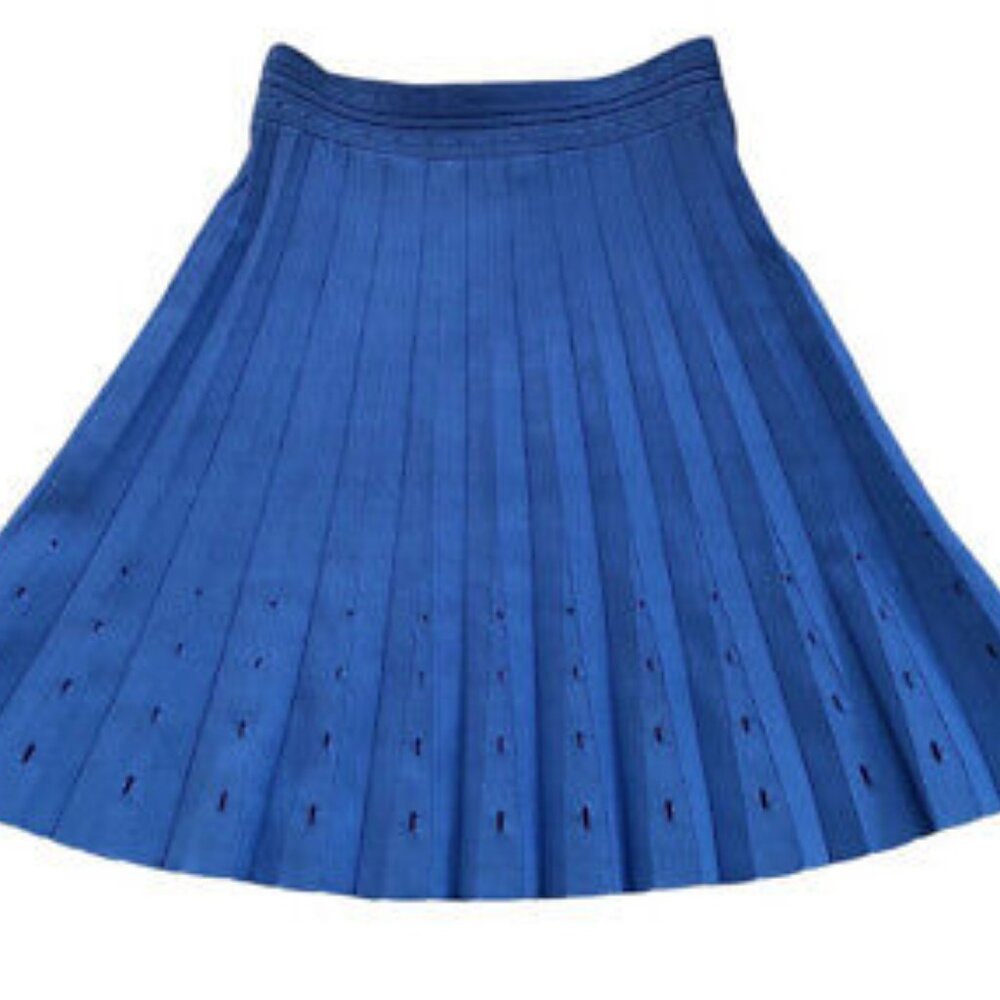 Sandro Paris Izzy Pleated Bandage Knit Flare Mini Skirt Blue US Size 4 - Picture 6 of 7